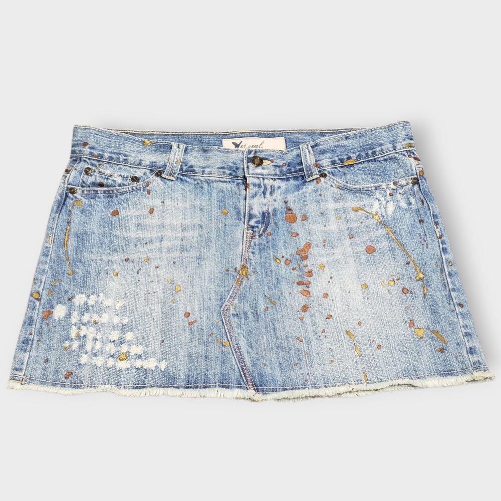 Vintage Y2K Wet‎ Seal Denim Mini Skirt Distressed Paint Splatter Large Low Rise